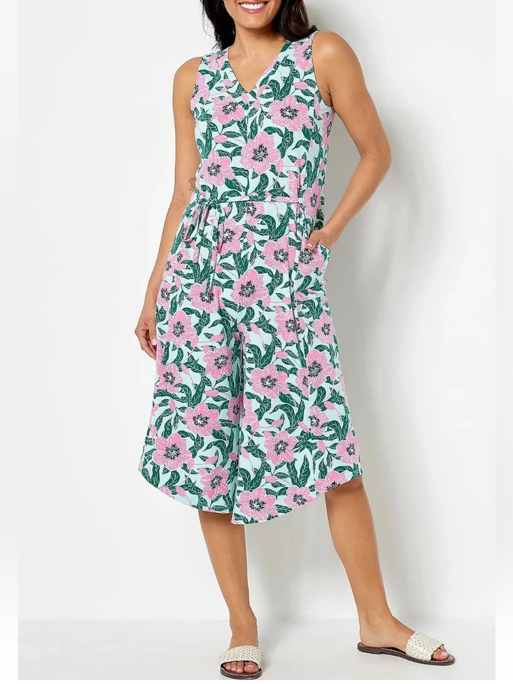 AnyBody Cozy Knit Luxe V-neck Gaucho lounge jumpsuit hibiscus floral QVC A396081